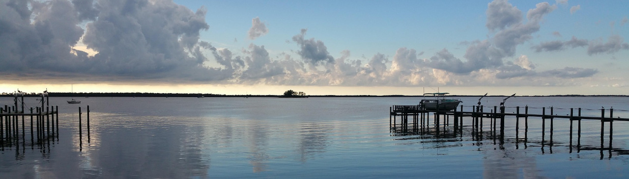 Hafen von Otago, Bootssteg auf Stelzen mit Boot am Ende, flaches Meer, Wolken am Horizont